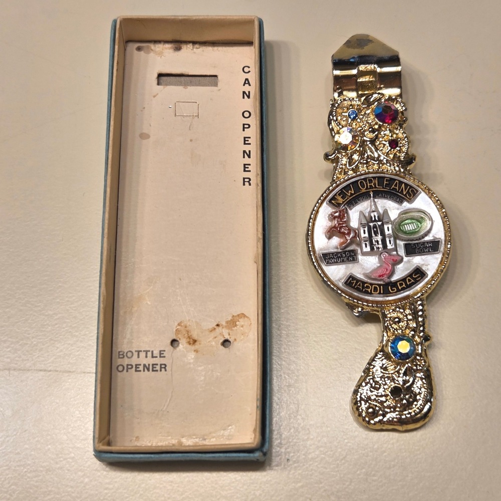 New Orleans Mardi Gras Bottle Opener Souvenir Rhinestone Gold Tone Sugar Bowl